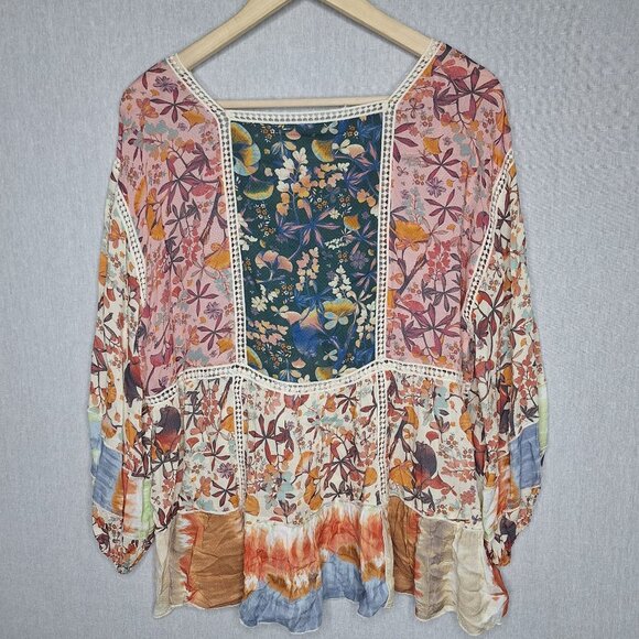 💙 John Marks Oversized Soft Patchwork Print Flowy Top Size L/XL Boho Cottage Co - Picture 7 of 8